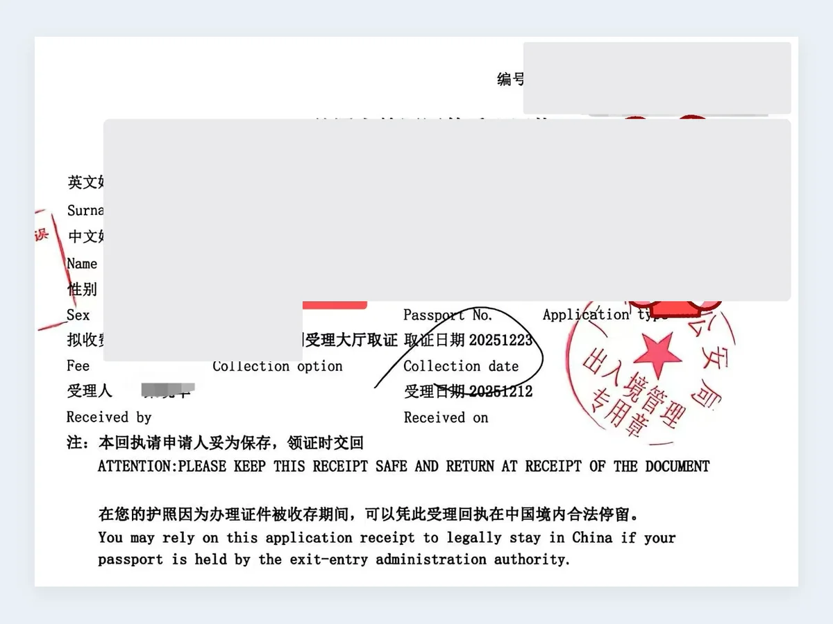 签证受理凭证记录 - 已脱敏